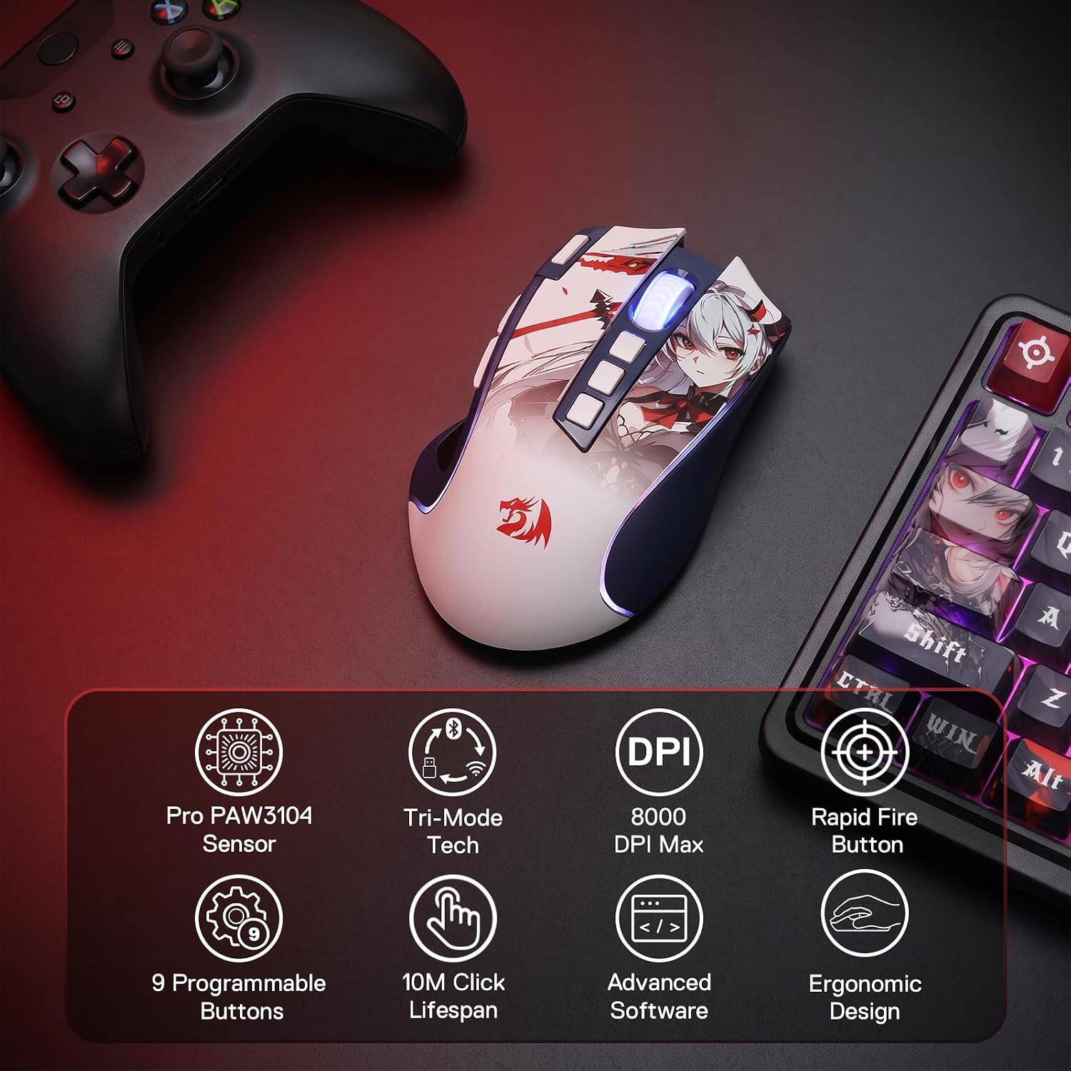 Pro PAW3104 Sensor  
Tri-Mode Tech  
DPI 8000 DPI Max  
A Shift CTRL Z + WIN Alt Rapid Fire Button  
9 Programmable Buttons  
10M Click Lifespan  
Advanced Software  
Ergonomic Design