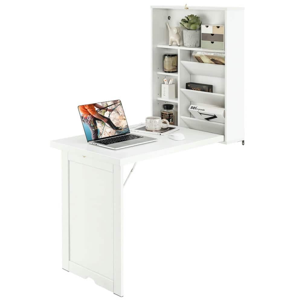 Pefilos - Wall Mounted Fold-Out Convertible Floating Desk Space Saver- Office Furniture, Portable Desk for Home & Office - White