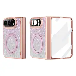 Dteck - For iPhone Duo Bling Glitter Magnetic Case Built-in Screen Protector, Rugged Metal Ring Kickstand Cover With Hinge - Purple