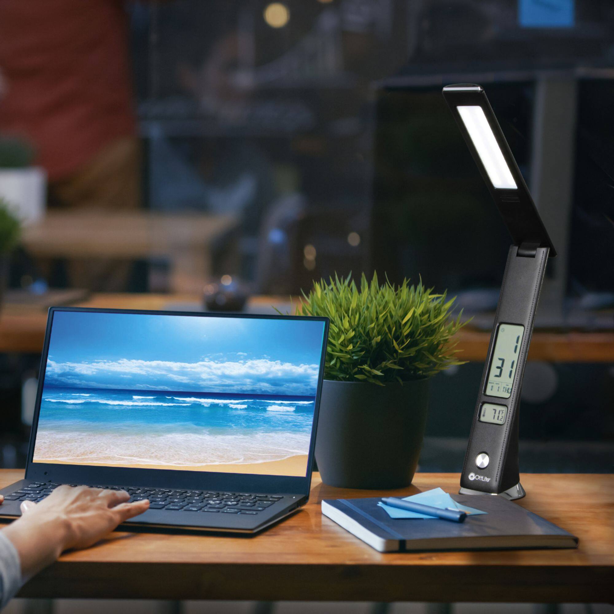 Alt View 17. OttLite - Rise LED Desk Lamp w/ LCD Smart Display, USB Charging Port, 3 Brightness Settings, 3 Color Temperatures & Foldable Shade - Black.