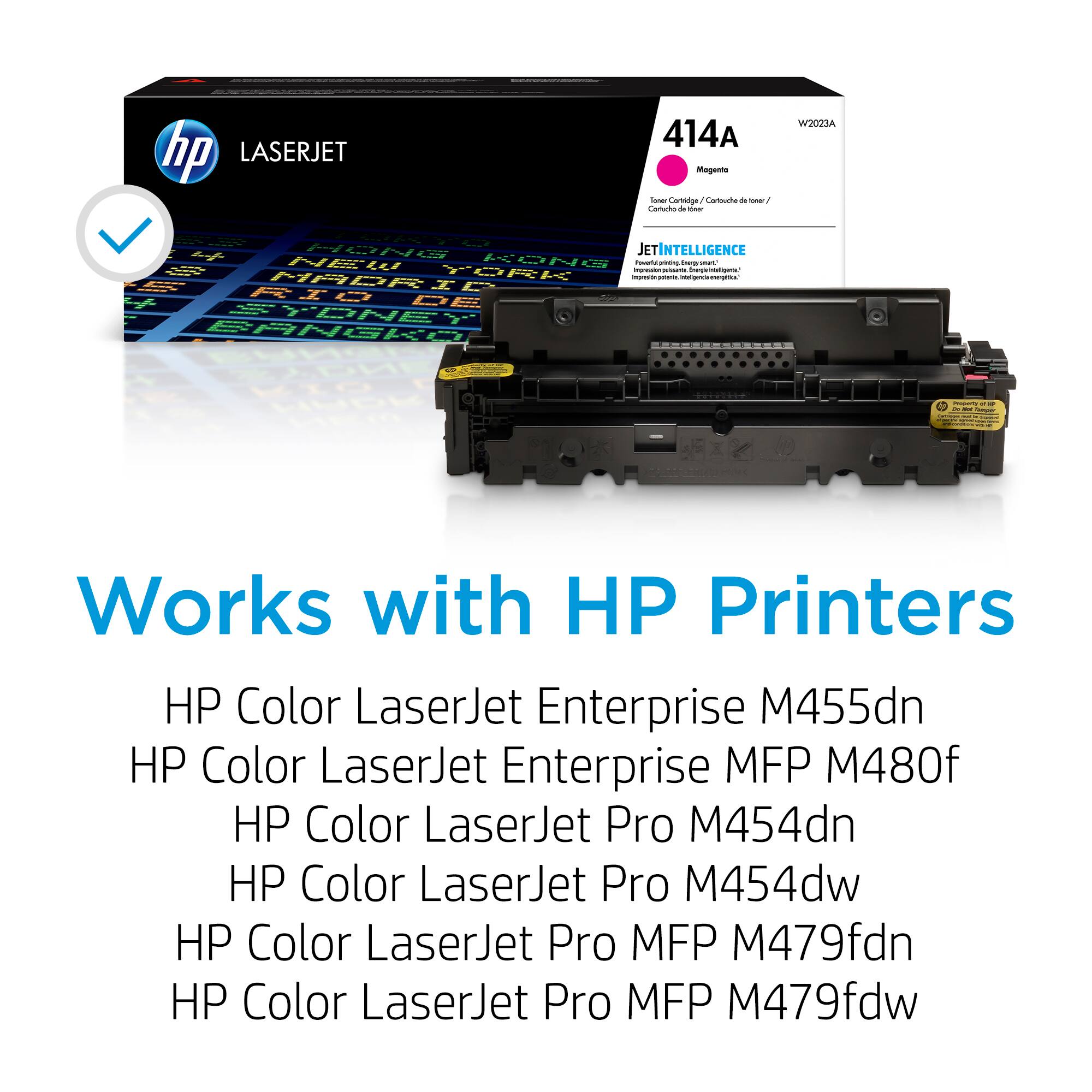 The image features an HP LaserJet 414A printer, along with a box of HP Color LaserJet Enterprise M455dn cartridges. The box is open, revealing the cartridges inside. The image also includes a text overlay that reads "Works with HP Printers," indicating that the printer and cartridges are compatible with HP printers. The text is written in a large font, making it easy to read.