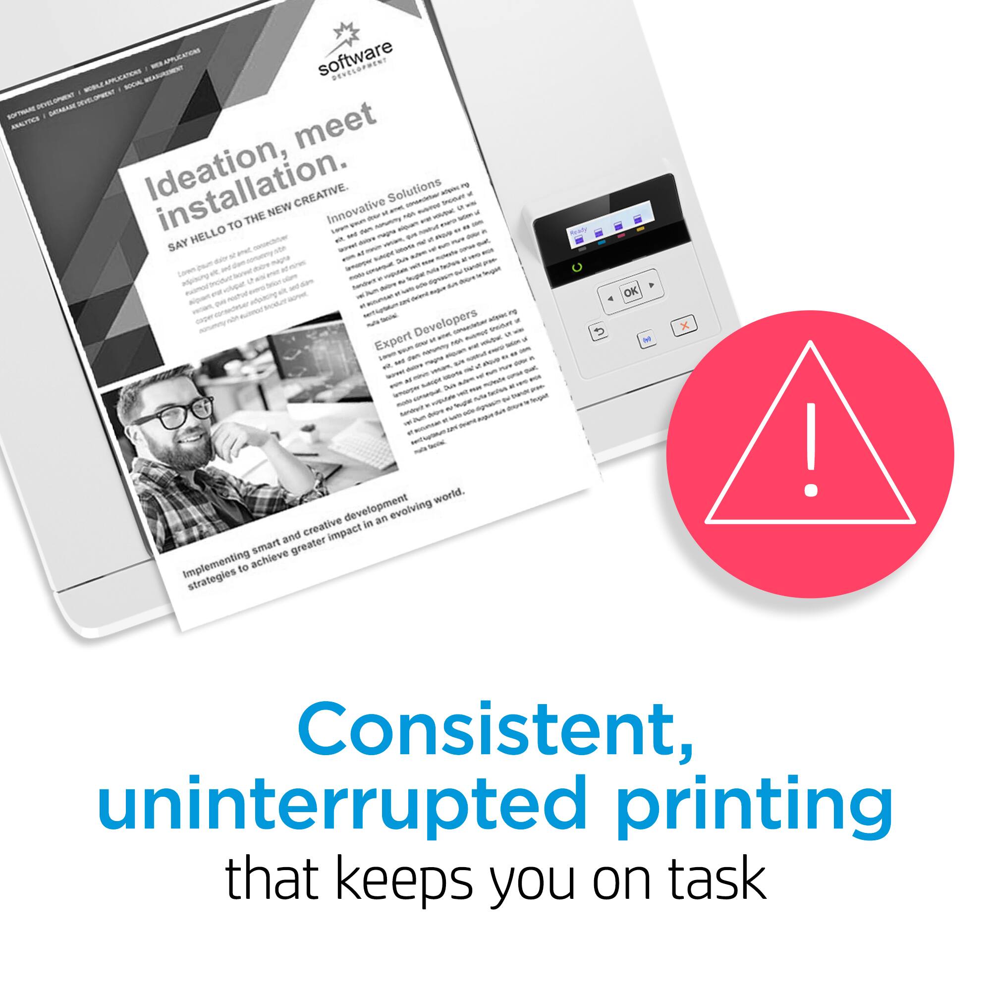 The image showcases a printer with a red warning sign on it, indicating that it is essential for the printer to be consistent and uninterrupted. The sign is placed above the printer, emphasizing the importance of reliable printing. The printer is surrounded by a book and a magazine, suggesting that it is used for various printing tasks. The message conveyed by the image is that consistent and uninterrupted printing is crucial for productivity and efficiency in today's fast-paced world.