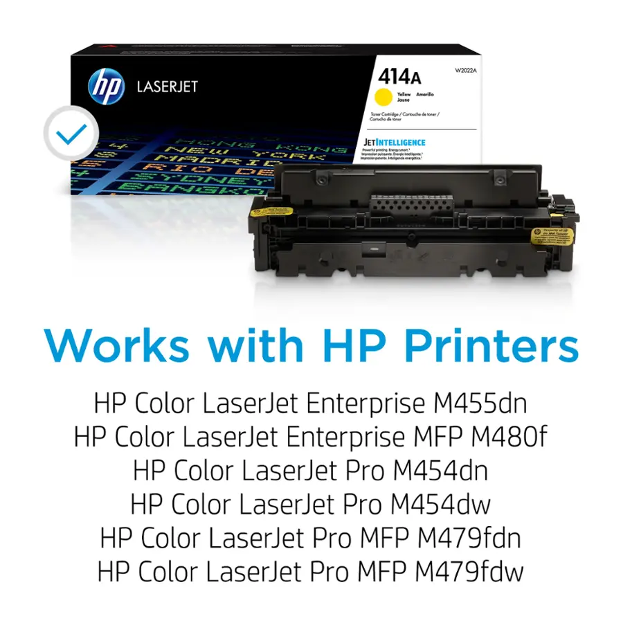 The image features a box of HP LaserJet 414A printer cartridges, which are compatible with various HP printers. The box contains cartridges for the HP Color LaserJet Enterprise M455dn, HP Color LaserJet Enterprise MFP M480f, HP Color LaserJet Pro M454dn, HP Color LaserJet Pro M454dw, HP Color LaserJet Pro MFP M479fdn, and HP Color LaserJet Pro MFP M479fdw. These cartridges are designed to work with HP printers, providing reliable and high-quality printing for businesses and individuals alike.