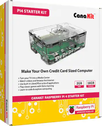 Front. CanaKit - Raspberry Pi 4 2GB Starter Kit - Clear.