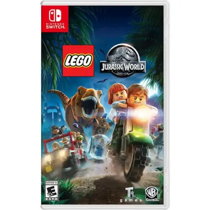 The image features a video game called "LEGO Jurassic World" for the Nintendo Switch. The game is rated E for Everyone, and it is developed by TT Games. The image showcases the game's cover with a motorcycle, a dinosaur, and two Lego characters. - [E10+ (Everyone 10+)]