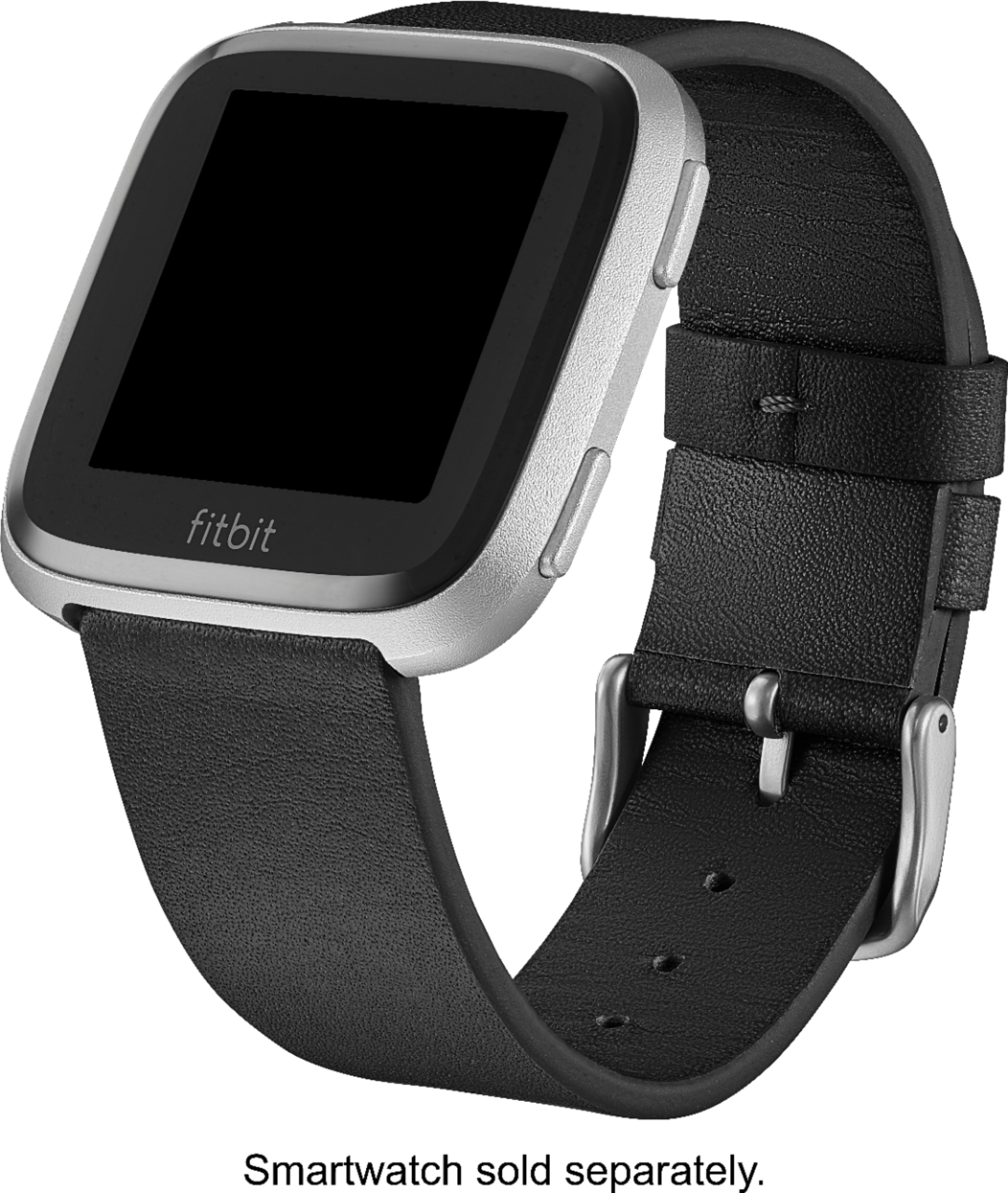 Left View: Platinum™ - Horween Leather Watch Band for Fitbit Versa 2, Fitbit Versa and Fitbit Versa Lite - Black