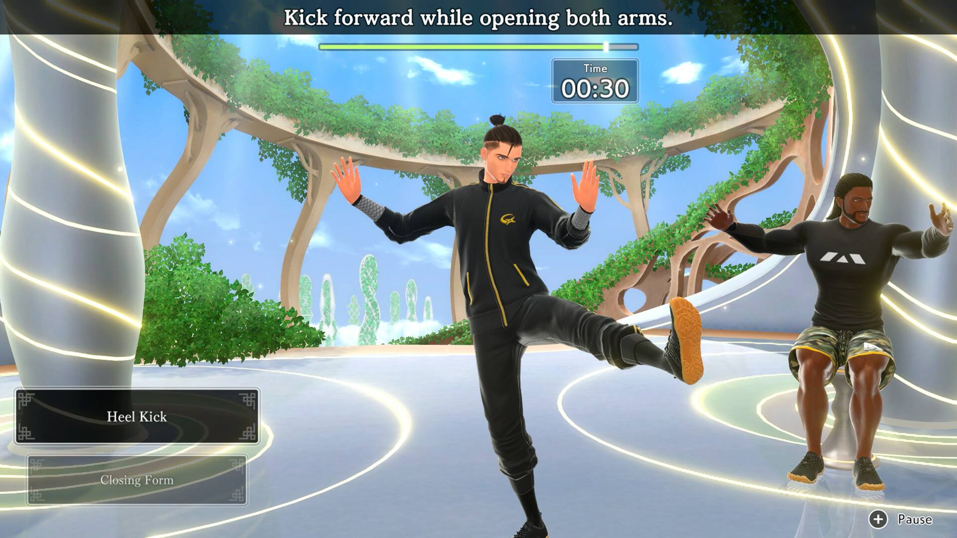 Kick forward while opening both arms.  
Time 00:30  
Heel Kick S  
Closing Form + Pause