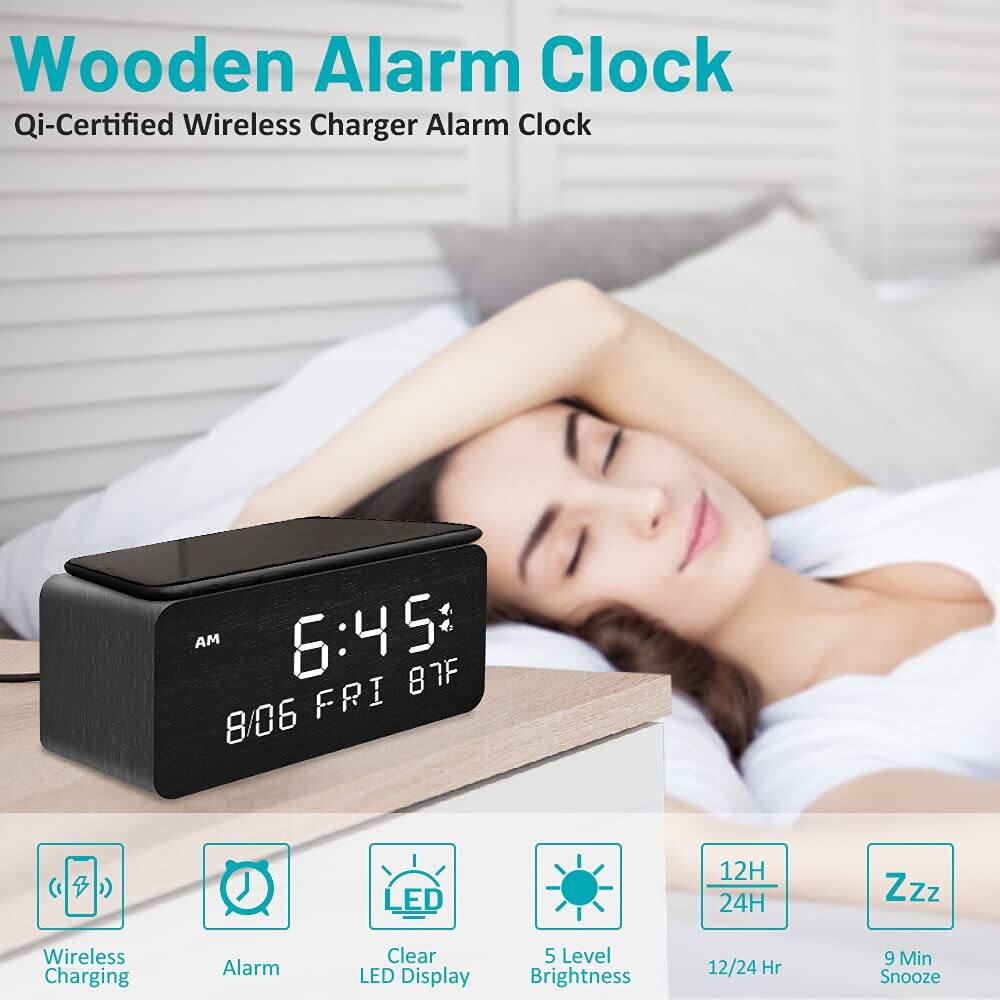 Wooden Alarm Clock  
Qi-Certified Wireless Charger Alarm Clock  

- AM 6:45  
- 8/06 FRI 87F  

Features:  
- LED 12H 24H  
- Wireless Charging  
- Clear LED Display  
- 5 Level Brightness  
- 12/24 Hr  
- 9 Min Snooze