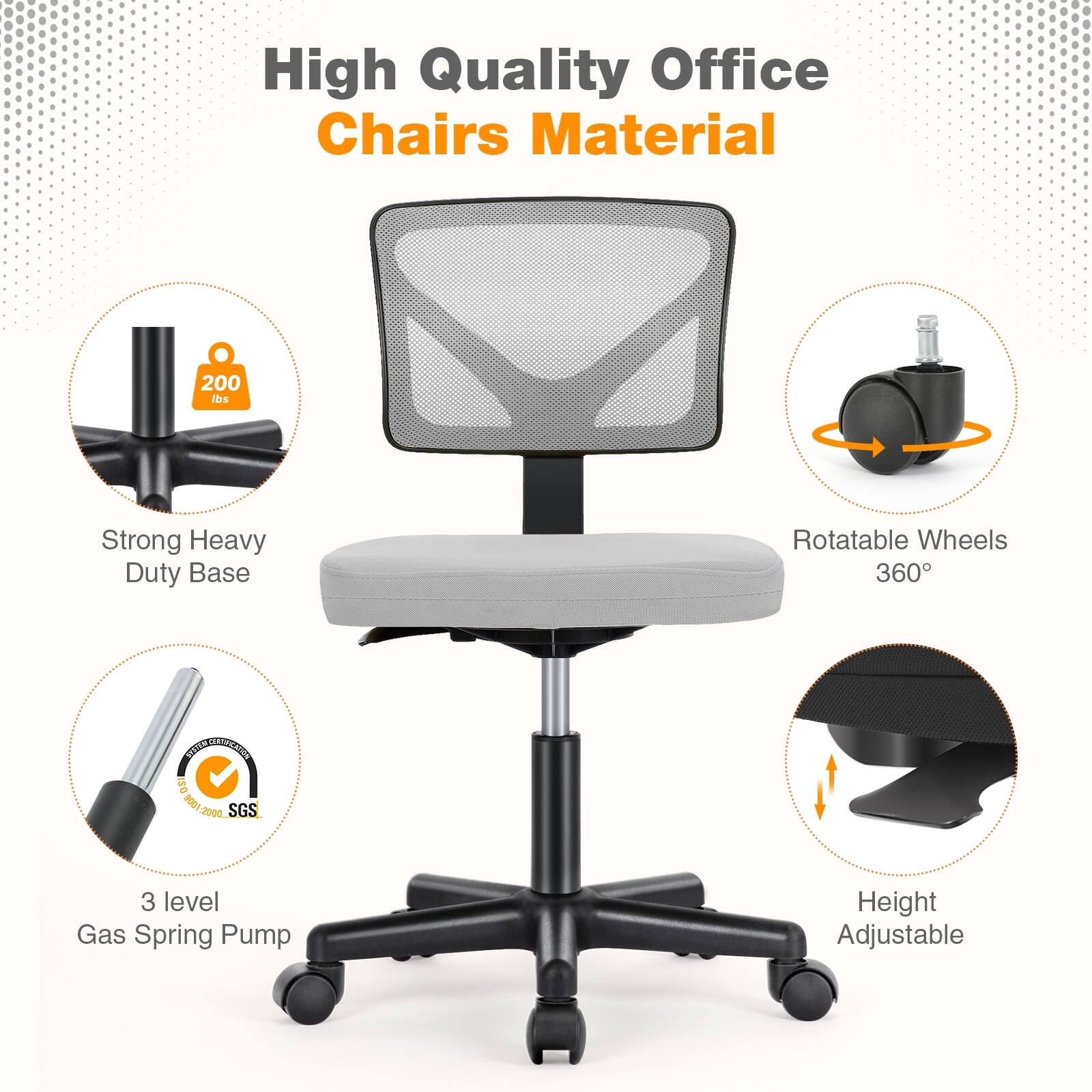 High Quality Office Chairs Material

- Strong Heavy Duty Base
- Rotatable Wheels 360°
- 3 level Gas Spring Pump
- Height Adjustable
- 200 lbs
- SGS
