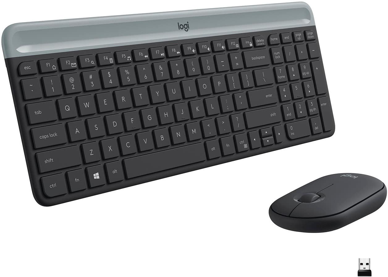 The image features a Logitech keyboard and mouse. The keyboard is black and has a sleek design, while the mouse is positioned to the right of the keyboard. The keyboard is equipped with a numeric keypad and a touchpad, making it a versatile and functional device for various tasks. The mouse is designed to work seamlessly with the keyboard, providing a comfortable and efficient user experience.