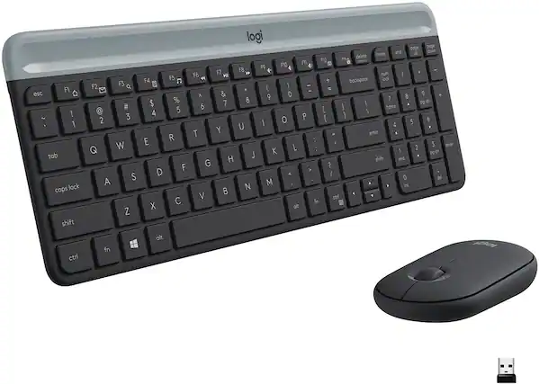 The image features a Logitech keyboard and mouse. The keyboard is black and has a sleek design, while the mouse is positioned to the right of the keyboard. The keyboard is equipped with a numeric keypad and a touchpad, making it a versatile and functional device for various tasks. The mouse is designed to work seamlessly with the keyboard, providing a comfortable and efficient user experience.