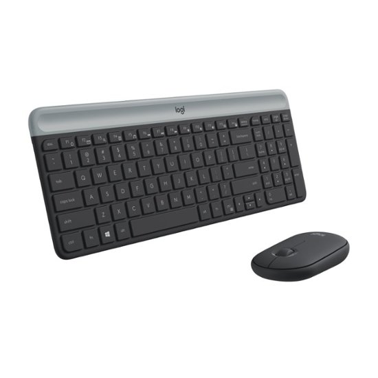 The image features a Logitech keyboard and mouse, both in black. The keyboard is placed on a white background, and the mouse is positioned next to it. The keyboard has a full QWERTY layout, including the numeric keypad. The mouse is located to the right of the keyboard, ready for use.