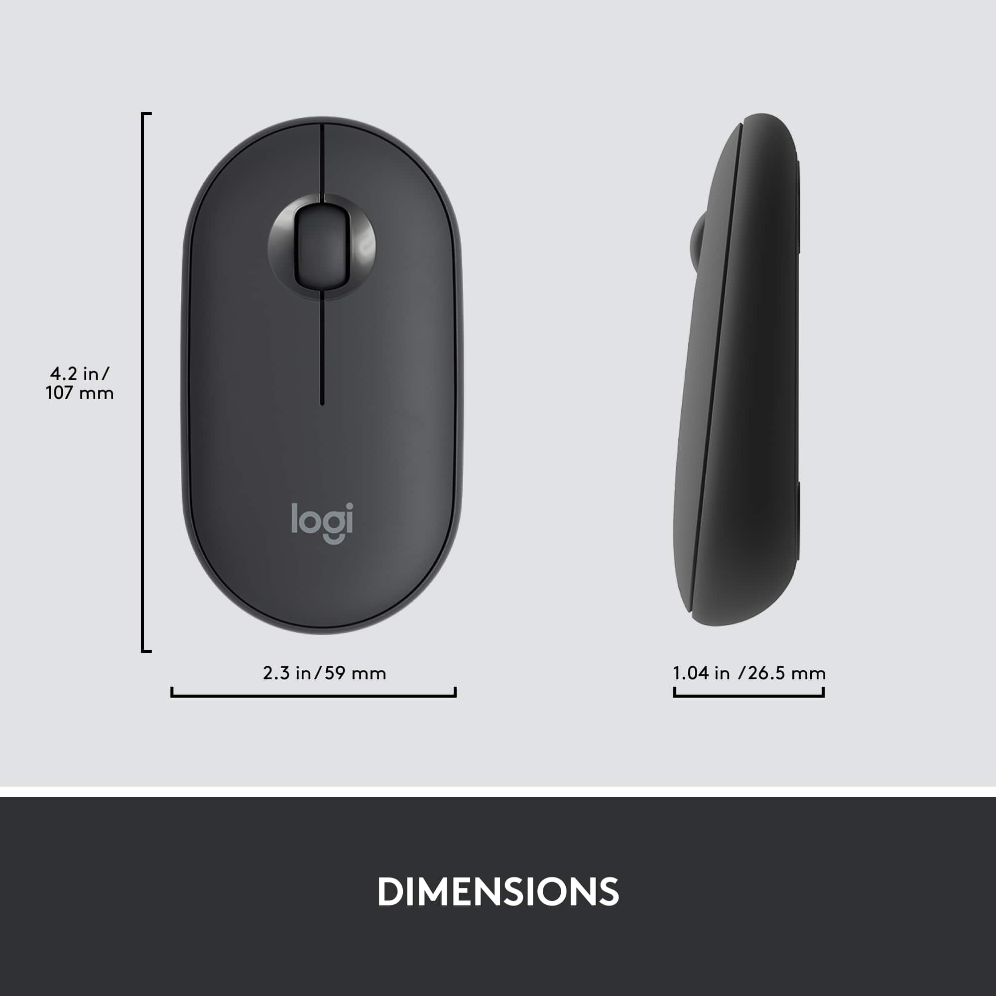 The dimensions of the Logi mouse are 4.2 inches (107 mm) in length and 2.3 inches (59 mm) in width. The height of the mouse is 1.04 inches (26.5 mm).