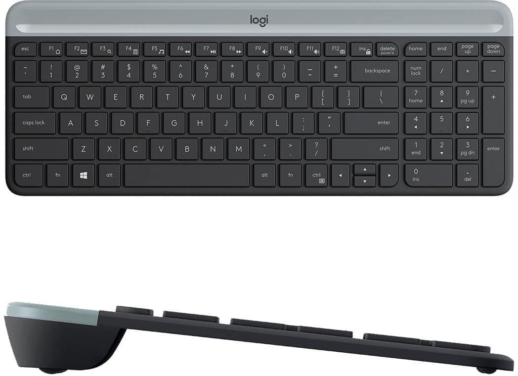 Logitech keyboard with a wrist rest.