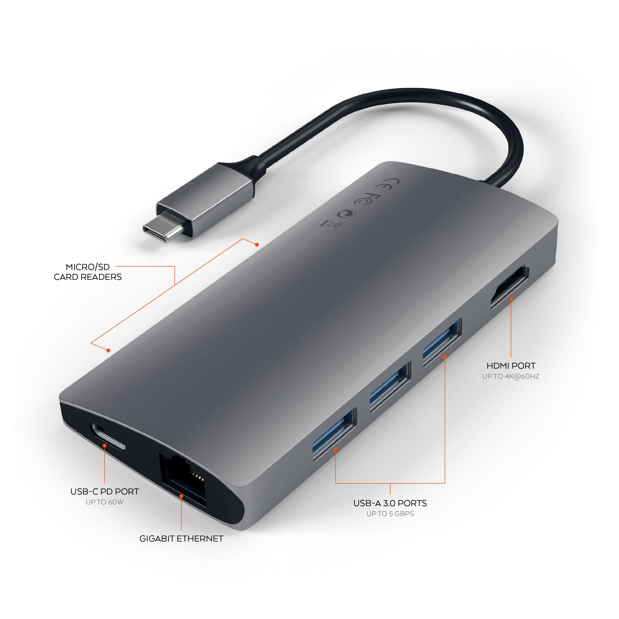 The image features a laptop docking station with a USB-C port, USB-A 3.0 ports, and a gigabit Ethernet port. The station also has a micro/SD card reader and an HDMI port, making it a versatile device for connecting various peripherals to a laptop. The docking station is shown in a close-up view, highlighting its features and connectivity options.