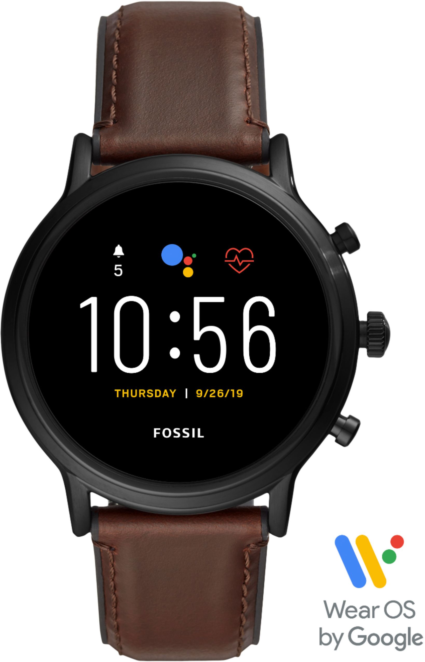 Fossil Gen 5 Smartwatch 44mm Stainless Steel Black with Brown Leather Band FTW4026 - Best Buy