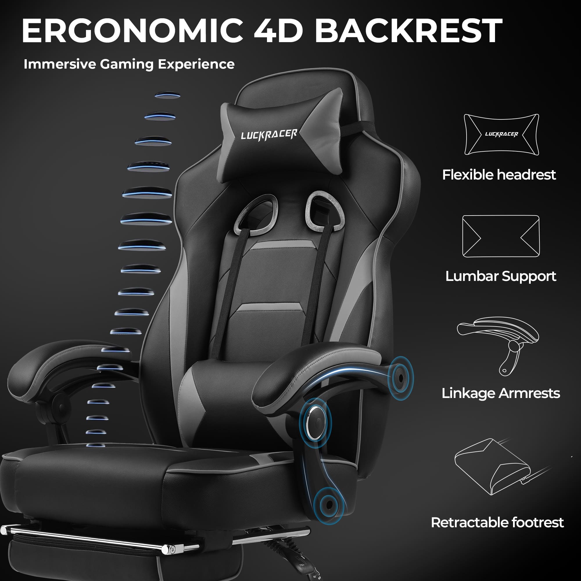 Ergonomic 4D Backrest Immersive Gaming Experience LuckRacer Flexible Headrest Lumbar Support Linkage Armrests Retractable Footrest