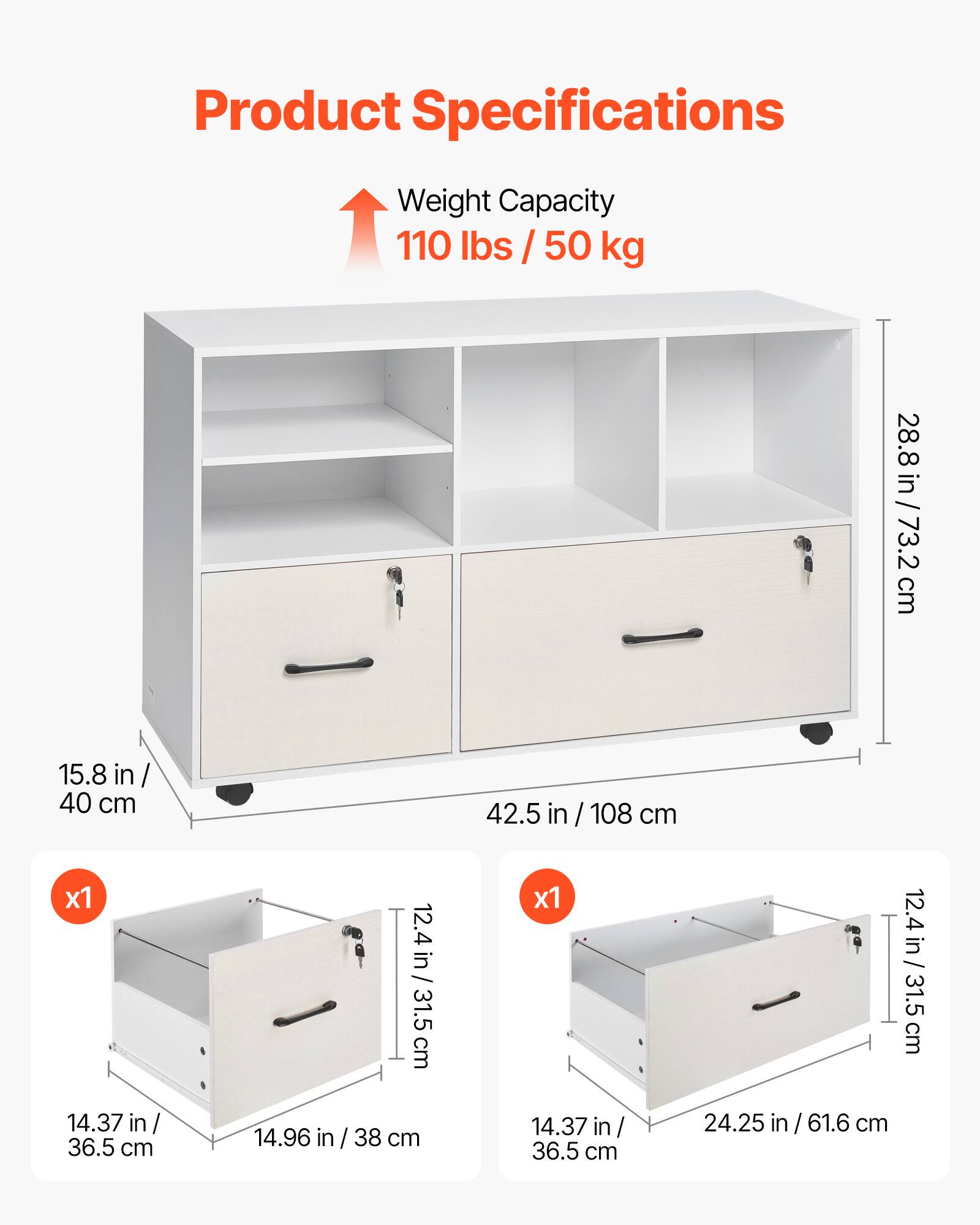 Product Specifications

Weight Capacity  
110 lbs / 50 kg

- 28.8 in / 73.2 cm
- 15.8 in / 40 cm
- 42.5 in / 108 cm

x1  
14.37 in / 36.5 cm  
14.96 in / 38 cm

x1  
14.37 in / 36.5 cm  
24.25 in / 61.6 cm