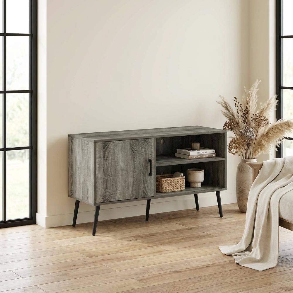 Alt View 2. FurniFact - Mid Century Style TV Stand, Wood Legs, French Oak Grey Finish, Single Cabinet - Gray.