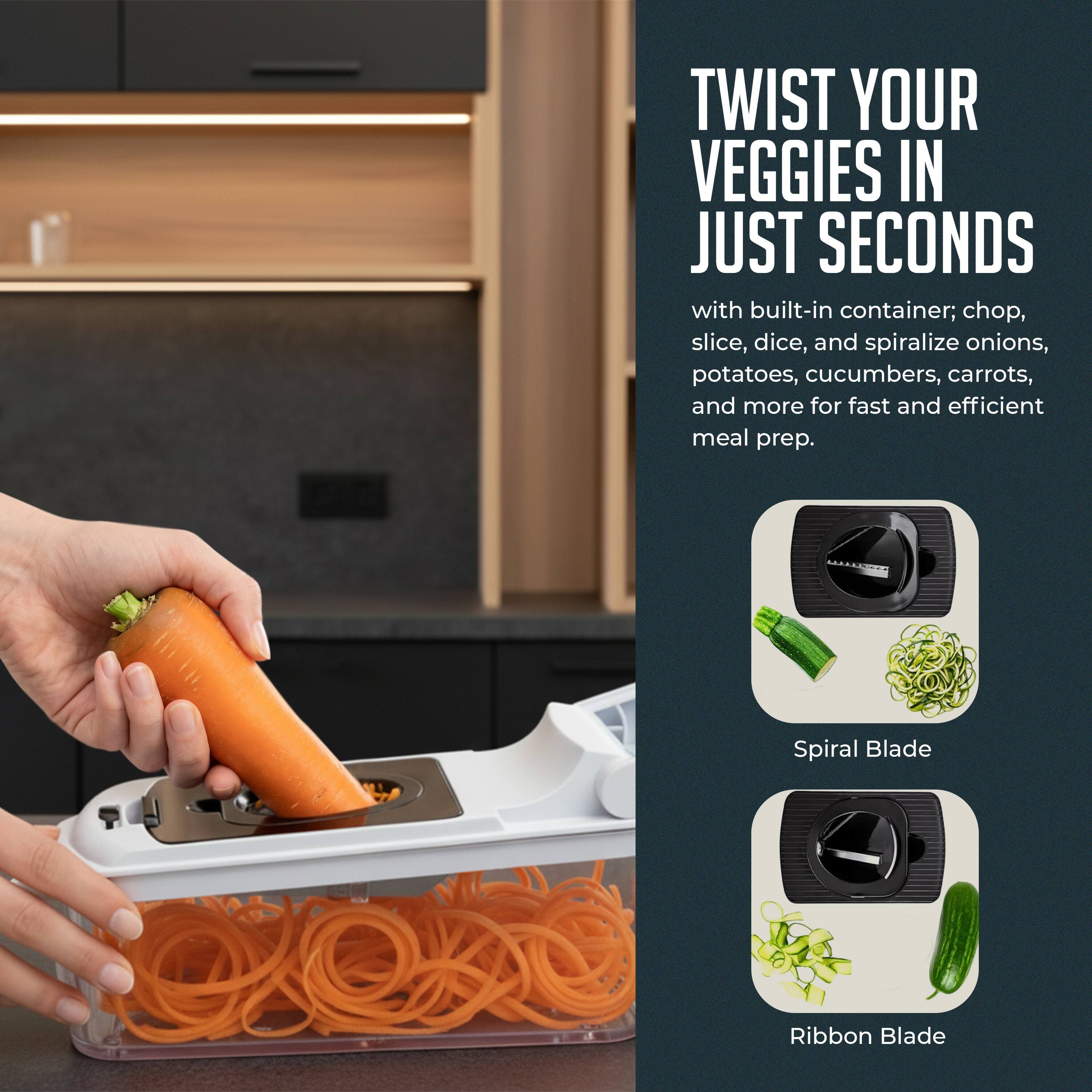 TWIST YOUR VEGGIES IN JUST SECONDS with built-in container; chop, slice, dice, and spiralize onions, potatoes, cucumbers, carrots, and more for fast and efficient meal prep. Spiral Blade Ribbon Blade