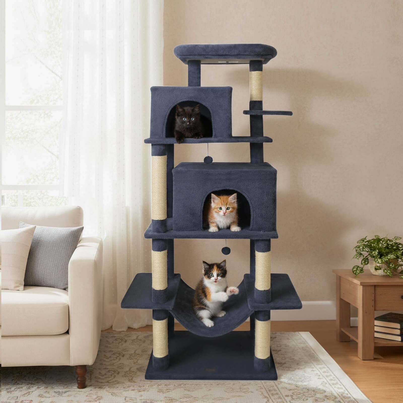 Alt View 3. Costway - Costway 70" Large Cat Tree for Indoor Cats with Plush Top Perch, Dual large Condos, Hammock - Dark Gray.