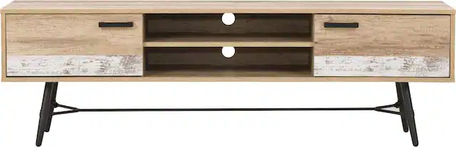 Front. CorLiving - Aurora TV Bench with Splayed Legs, For TVs up to 85" - Distressed Warm Beige, White Duotone.