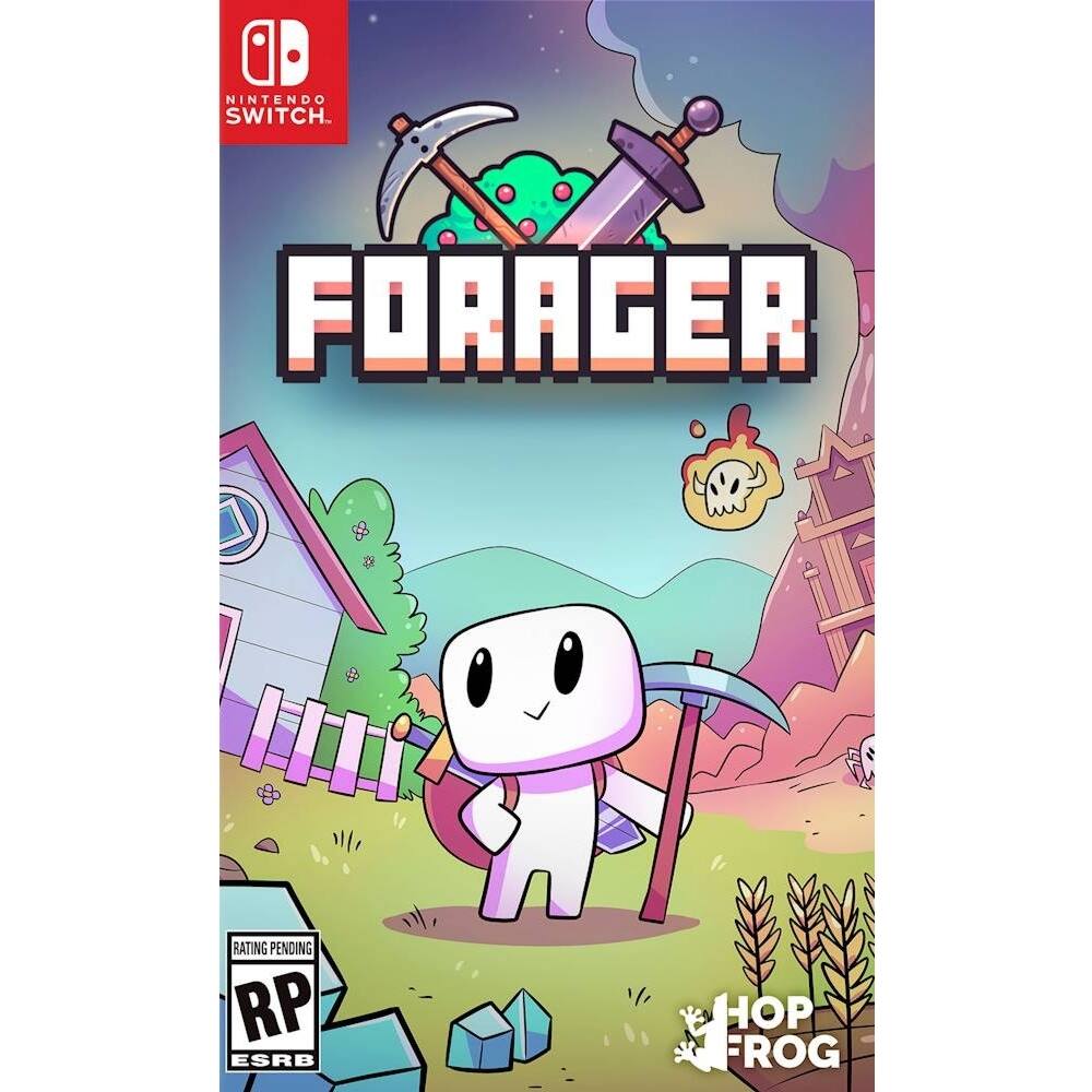 Forager is a video game for the Nintendo Switch. The game features a small character holding a pickaxe and a shovel, indicating that it is likely an adventure or exploration game. The game's rating is pending, and it has been rated E for Everyone by the ESRB. The game is developed by Hop Frog. - E10+ (Everyone 10+)
