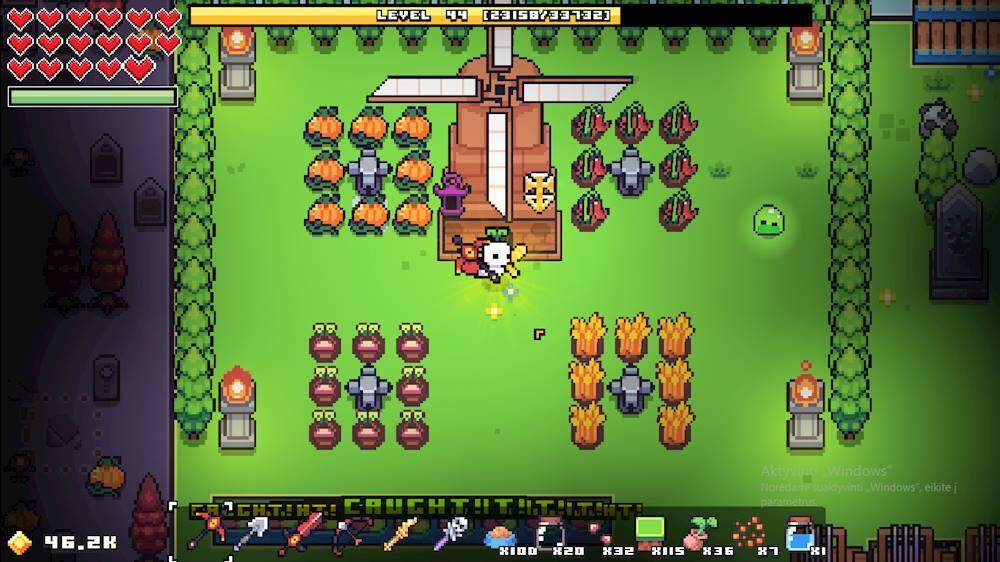 The image shows a video game with a character standing in front of a large wooden structure. The game appears to be a cartoon-style game with a variety of elements such as trees, bushes, and a fence. The character is holding a bow and arrow, and there are several carrots scattered throughout the scene. The game is set in a garden-like environment, and the character seems to be engaged in some form of activity or challenge.