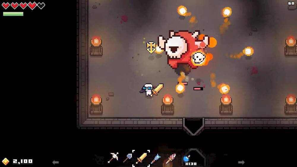 The image features a video game with a character holding a sword and a shield, surrounded by fire and explosions. The character appears to be fighting a dragon, as indicated by the presence of a dragon in the scene. The game is set in a dark, dungeon-like environment, with the character standing in the middle of the action.