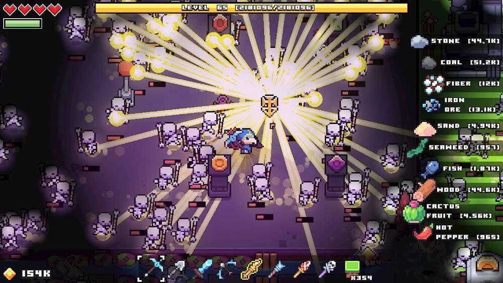 The image shows a video game with a bright light in the center, surrounded by many skeletons. The game is set in a dark environment, possibly a dungeon. The game appears to be a first-person shooter, as the player is equipped with a gun. The skeletons are scattered throughout the scene, some closer to the player and others further away. The overall atmosphere of the game is intense and action-packed, with the player likely facing a challenging encounter with the skeletons.