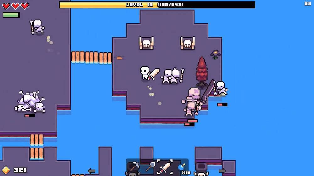 The image shows a video game with a character standing on a platform in a blue environment. The character is holding a sword, and there are several other characters in the scene, some of which are also holding swords. The game appears to be a side-scrolling action game, with the characters possibly fighting or engaging in some form of combat. The image also shows a scoreboard displaying the player's progress in the game, indicating that the player is currently on level 19 out of 243 levels.