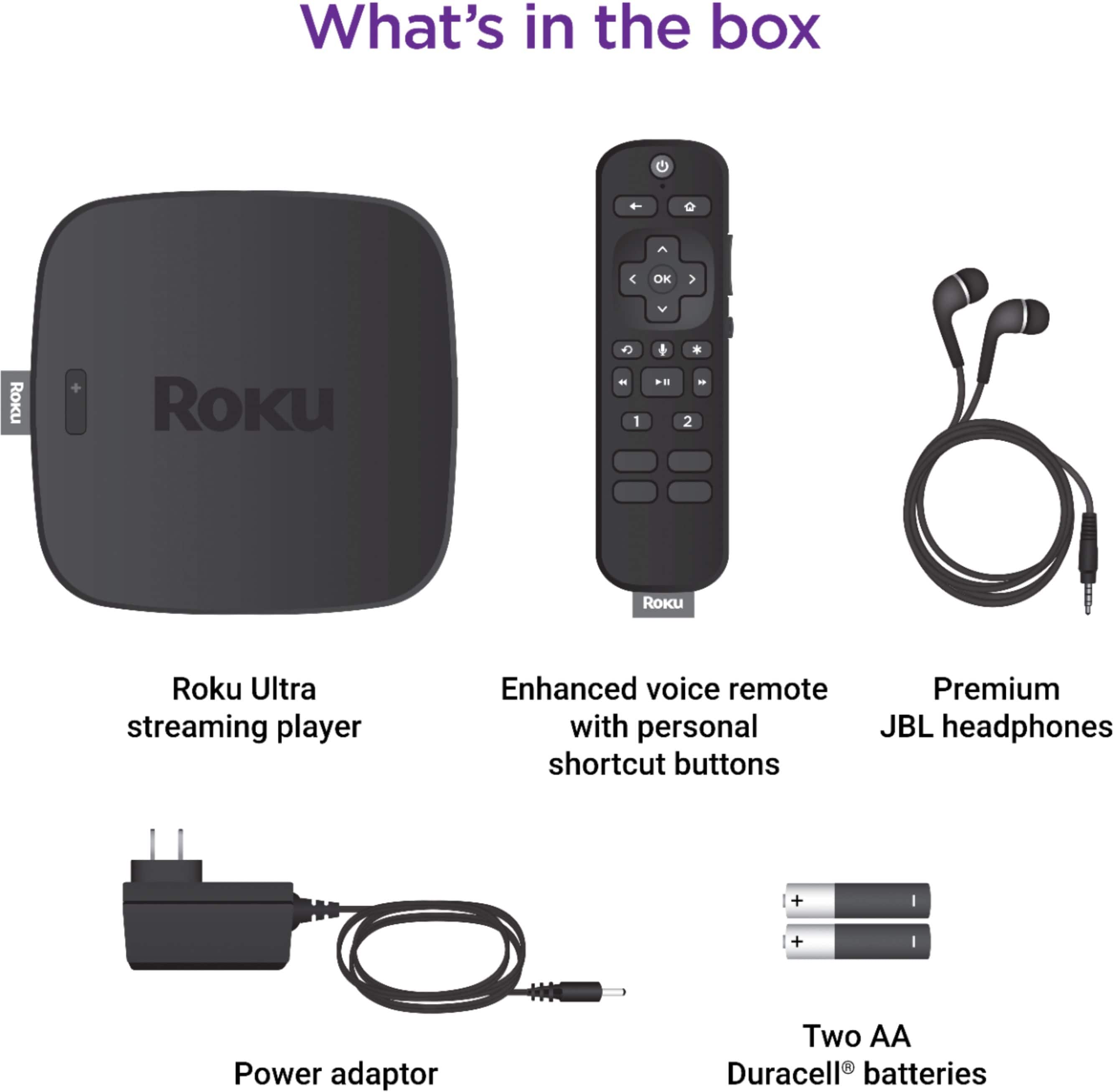 Alt View 11. Roku - Ultra 4K Streaming Media Player with JBL Headphones and Enhanced Voice Remote - Black.