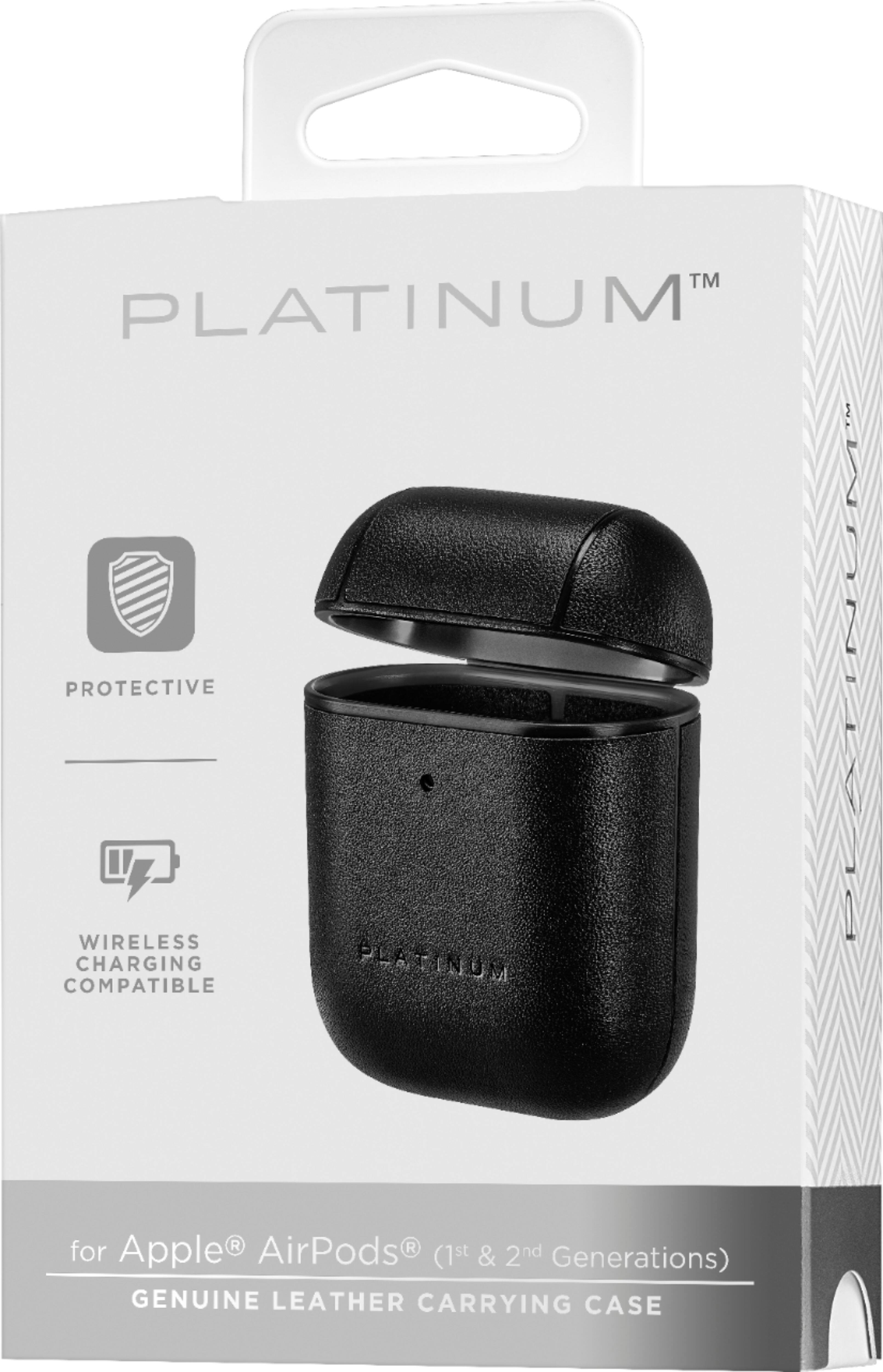 The text on the image reads: "Platinum Protective Wireless Charging Case for Apple AirPods (1st & 2nd Generations) Genuine Leather Carrying Case."
