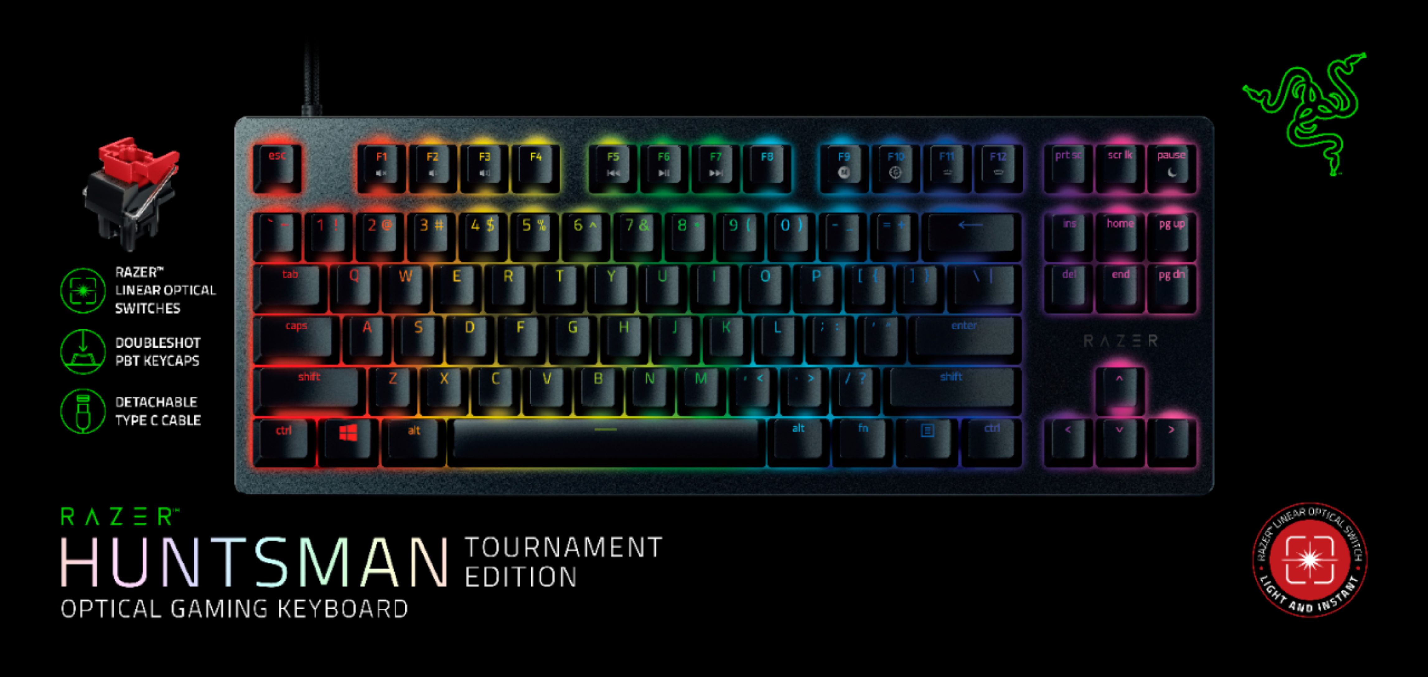 Intl Tenkeyless Gaming Tastatur mit Linear Optical Switches für Auslösen in Lichtgeschwindigkeit ISO US Layout Razer Huntsman Tournament Edition 