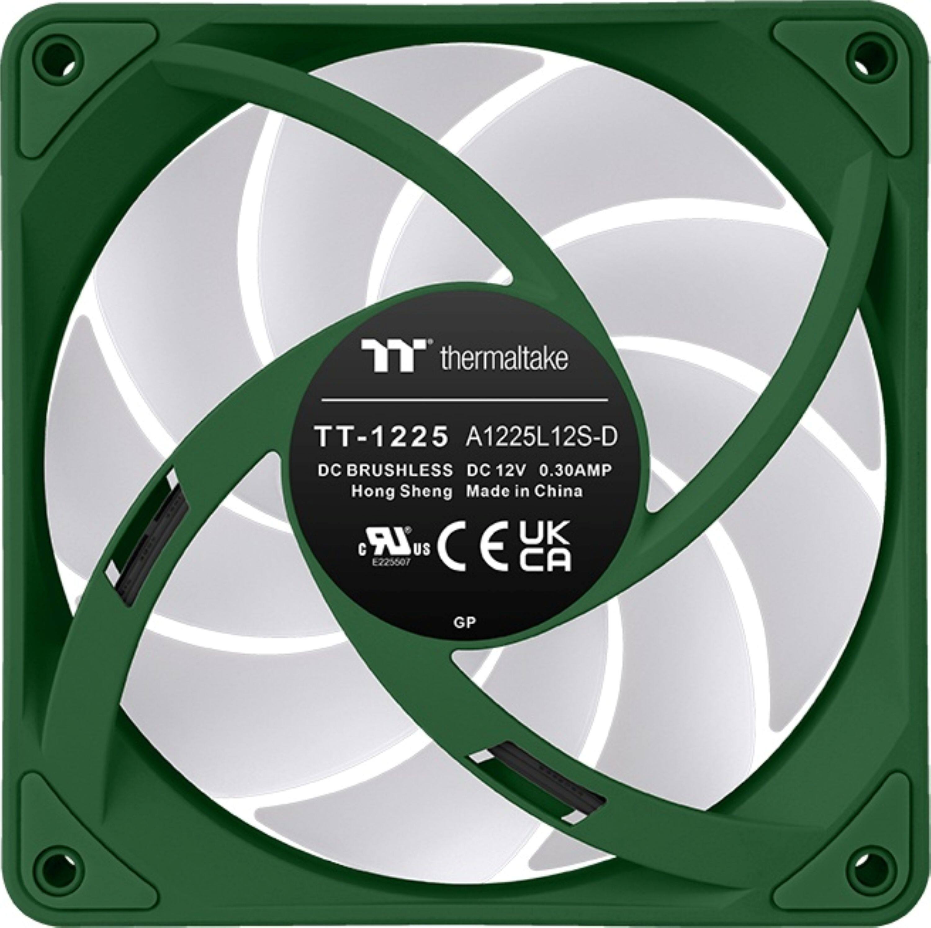 The text on the image is:

thermaltake TT-1225 A1225L12S-D DC BRUSHLESS DC 12V 0.30AMP Hong Sheng Made in China LR UK C E225507 US C E CA GP