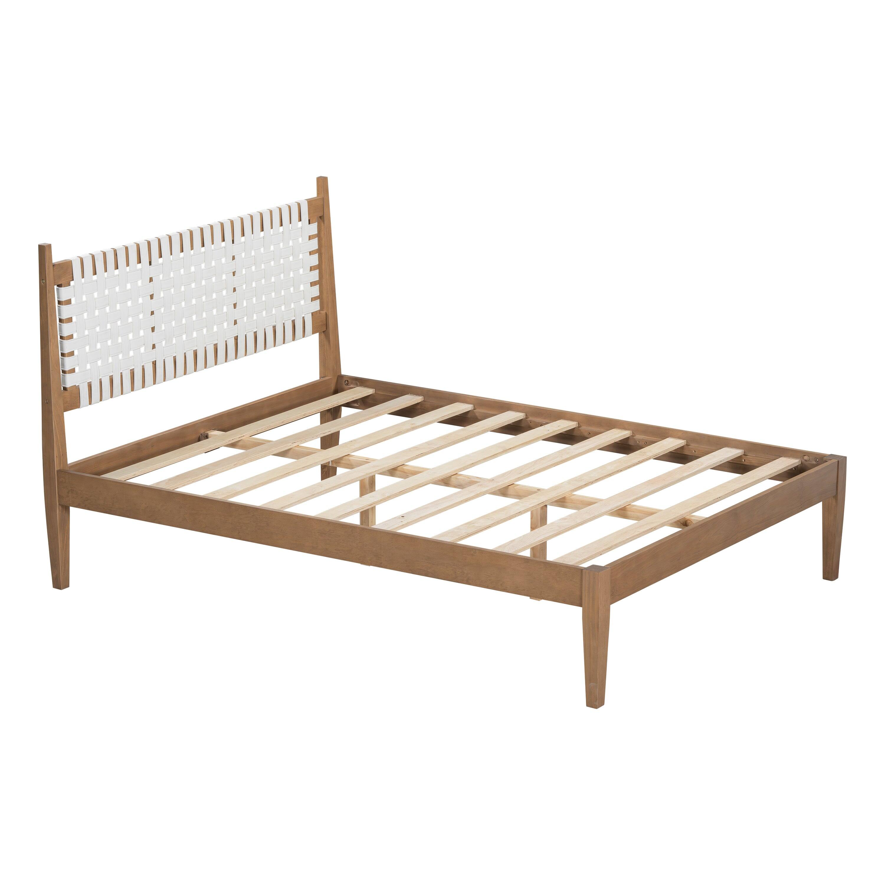 Boyel Living - Queen Bed with Woven Leather Headboard, Natural Solid Wood Frame, No Box Spring Needed - White