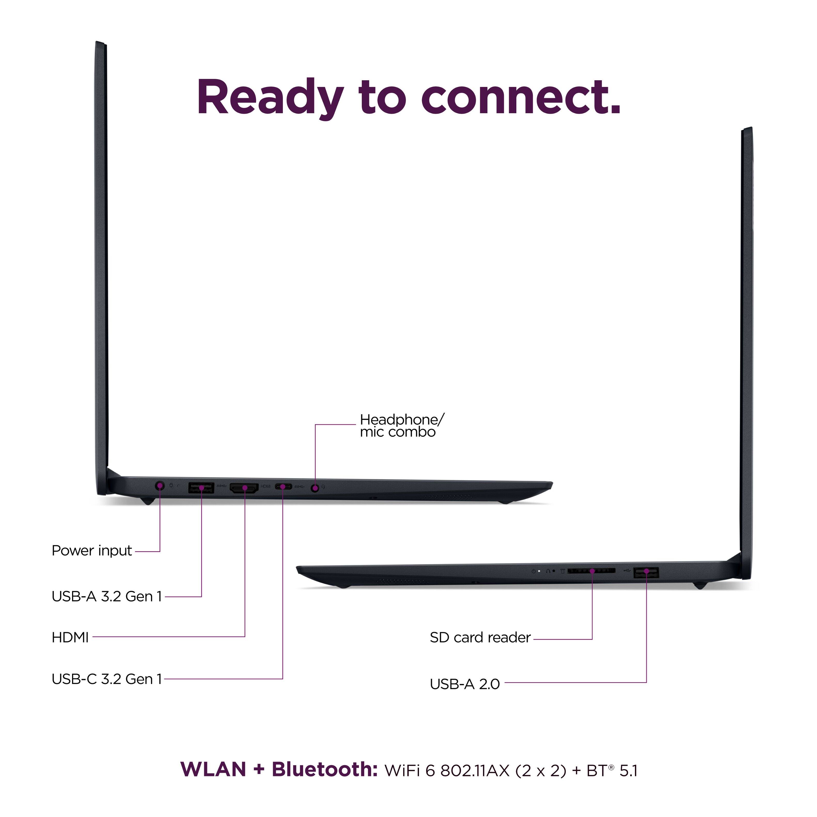 Ready to connect. Headphone/mic combo Power input USB-A 3.2 Gen 1 HDMI SD card reader USB-C 3.2 Gen 1 USB-A 2.0 WLAN + Bluetooth: WiFi 6 802.11AX (2x2) + BT* 5.1