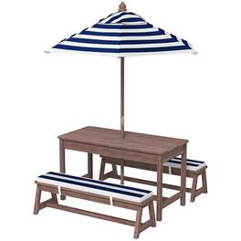 Qaba - Wooden Kids Picnic Table & Bench Set with Cushions and Umbrella, for Patio, Garden - Blue