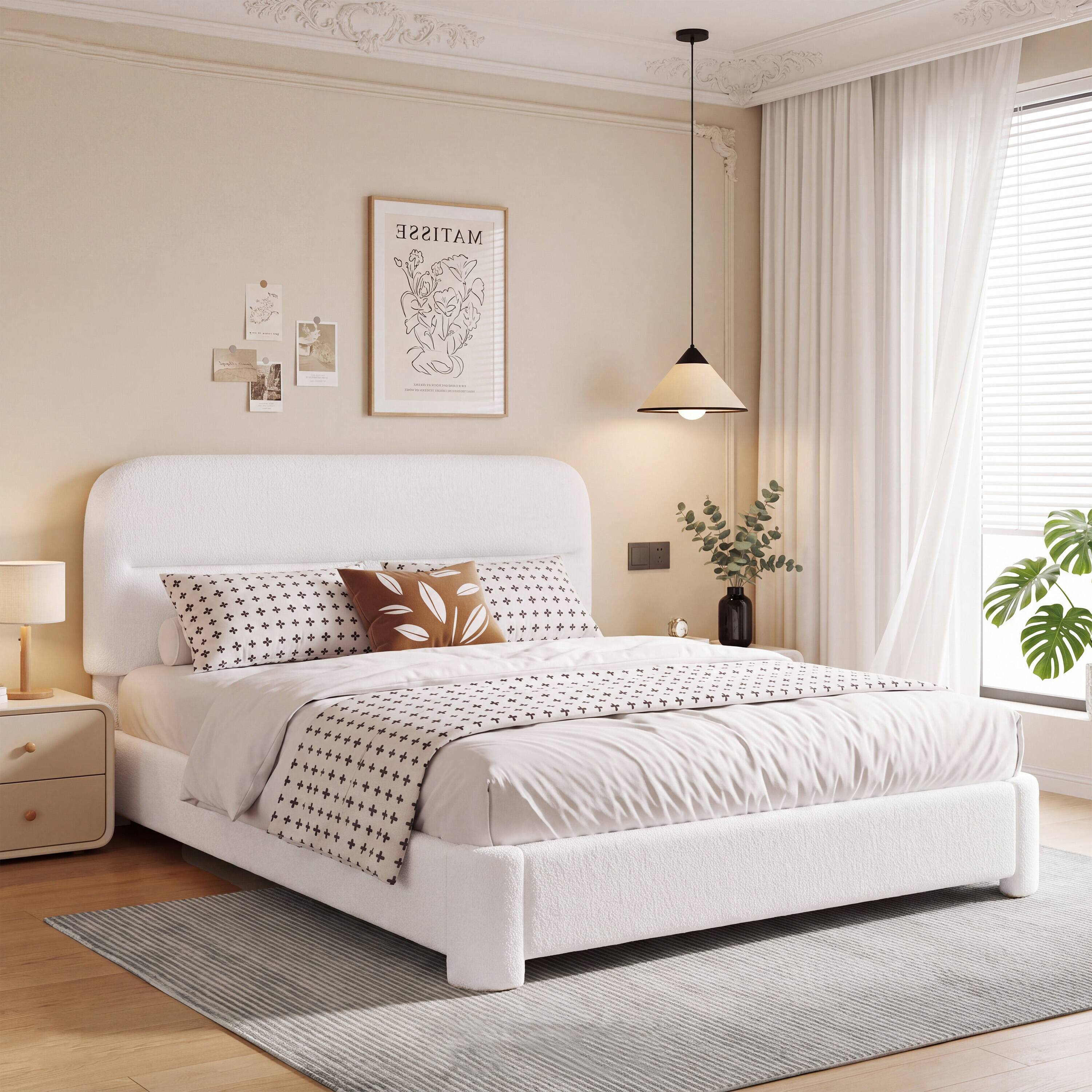 Angle. Vipbear - F/Q/K Upholstered Platform Bed Frame | Height Adjustable Headboard, No Box Spring Needed, Works with 8–14" Mattresses - Off-white.