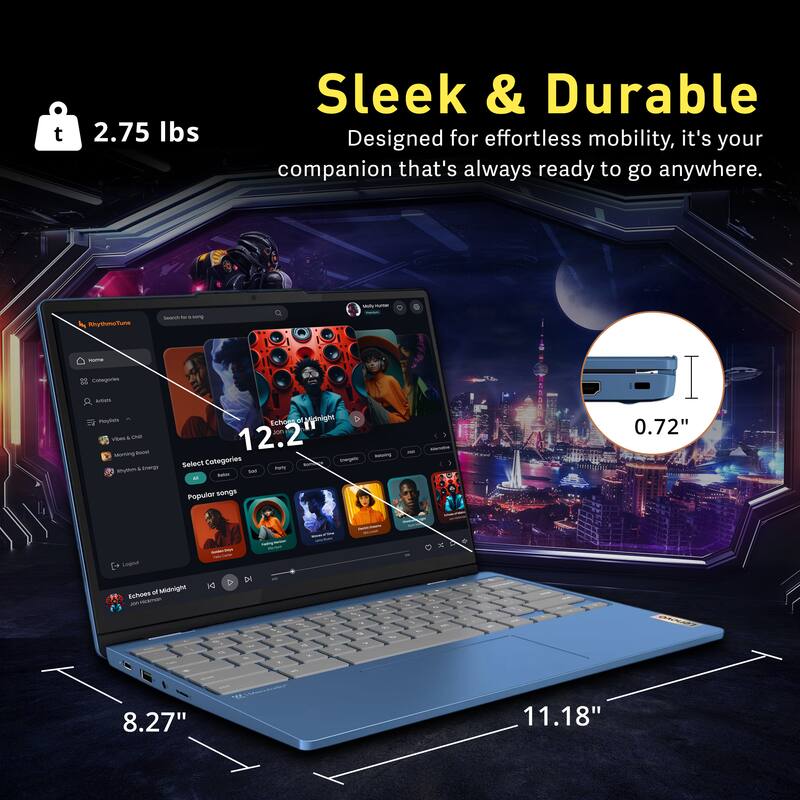 2.75 lbs  
Sleek & Durable  
Designed for effortless mobility, it's your companion that's always ready to go anywhere.  

- RhythmoTune  
- Select Categories  
- Popular songs  

- 12.2"  
- 8.27"  
- 11.18"  
- 0.72"