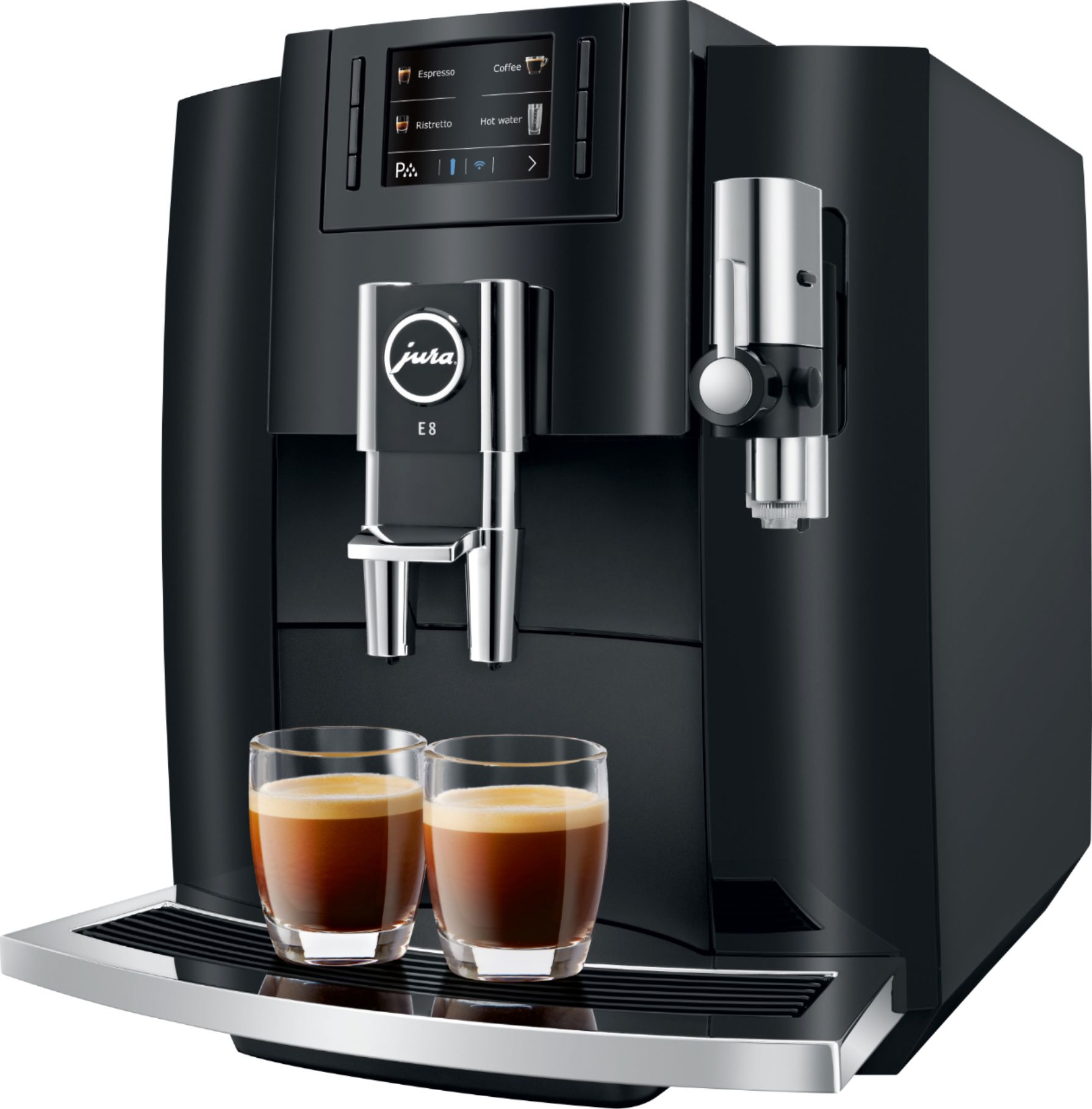 Left View: Jura - E8 12-Cup Automatic Coffee Machine - Piano Black