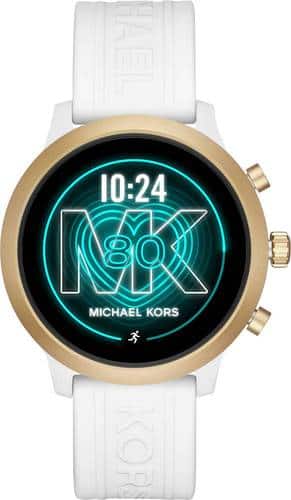 Michael Kors - Gen 4 MKGO Smartwatch 43mm Aluminum - Gold with White Silicone Band-Front_Standard 