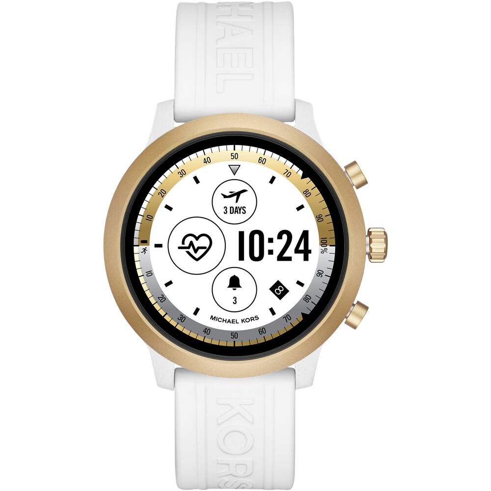 Alt View 11. Michael Kors - Gen 4 MKGO Smartwatch 43mm Aluminum - Gold with White Silicone Band.