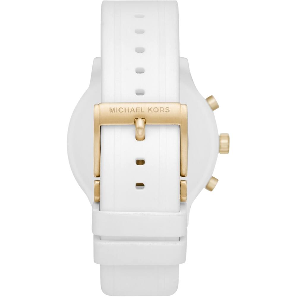 Alt View 13. Michael Kors - Gen 4 MKGO Smartwatch 43mm Aluminum - Gold with White Silicone Band.