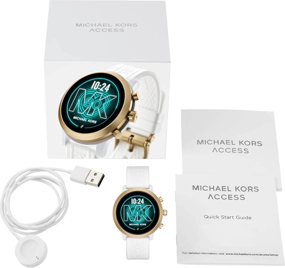 Alt View 15. Michael Kors - Gen 4 MKGO Smartwatch 43mm Aluminum - Gold with White Silicone Band.