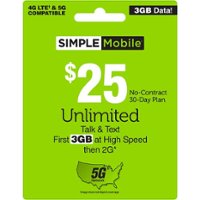 Simple Mobile - $25 Unlimited Talk & Text, 3GB of data at High Speed then 2G*, 30-Day Plan [Digital] - Front_Zoom