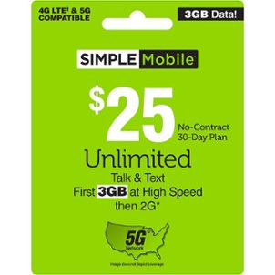 Simple Mobile - $25 Unlimited Talk, Text & Data (first 3GB of Data at high speeds then 2G*) 30-Day Plan (Email Delivery) [Digital]