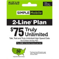 Simple Mobile - $75  Unlimited High Speed Data, Talk & Text 30-Day 2-Line+ Plan  (Email Delivery) [Digital] - Front_Zoom