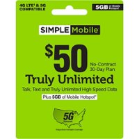 Simple Mobile - $50 Unlimited High Speed Data, Talk & Text 30-Day Plan (Email Delivery) [Digital] - Front_Zoom