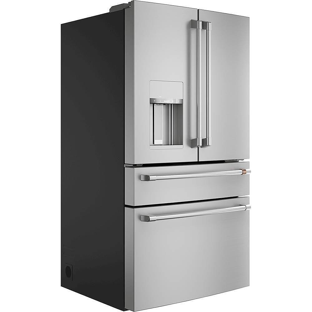 Angle. Café - 27.6 Cu. Ft. 4-Door French Door Refrigerator, Customizable - Brushed Stainless Steel.